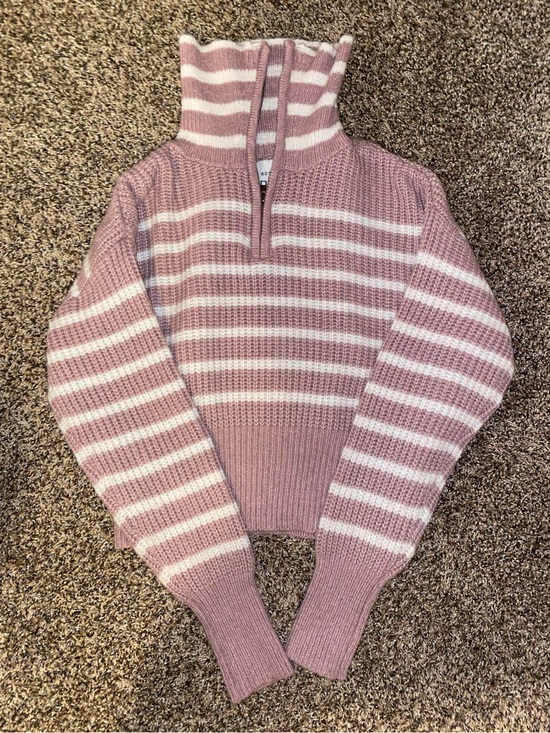 Pink Rose Sweaters - Pink Rose Striped Half-Zip Cowl Sweater in Dusty Pink & Cream